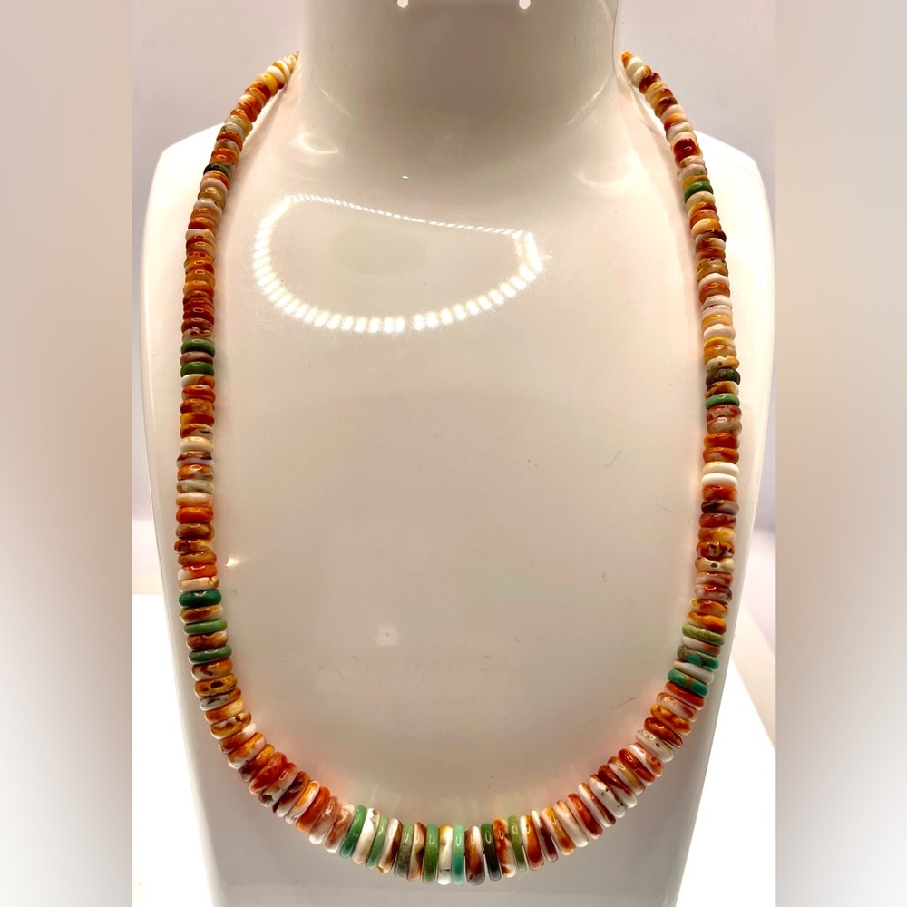 Vintage Spiny Oyster Shell Heishi Necklace Turquoise Beads Southwestern Boho - Picture 2 of 8